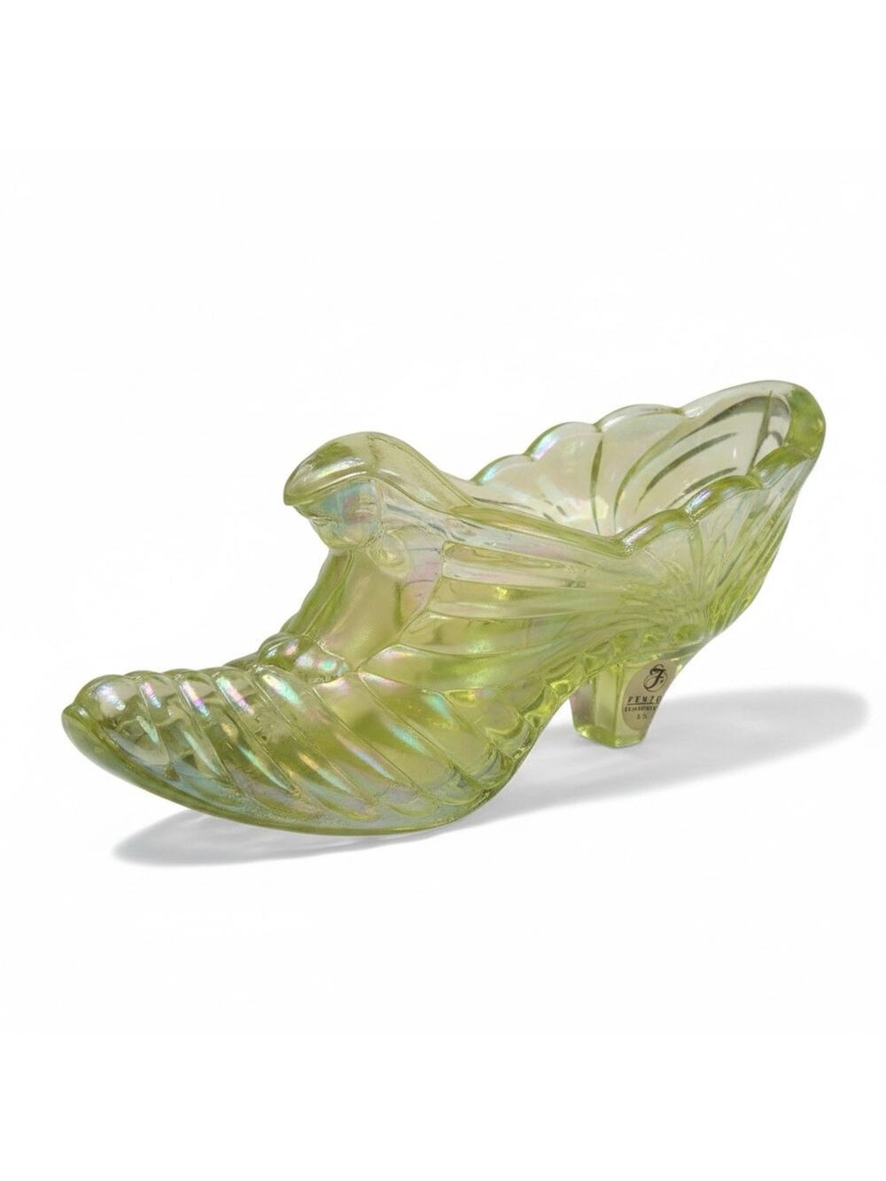 Vtg Fenton Glass Cat Head Drape Slipper Topaz Iridescent Uranium UV Glow Sticker